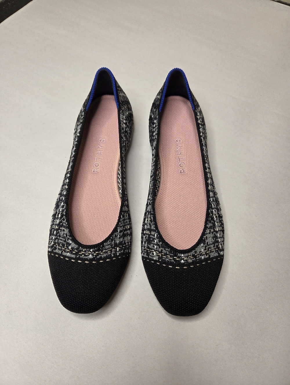 Rothy's The Flat Knit Ballet Flats Size 7.5 Black Gray Pattern Washable Shoes⁹